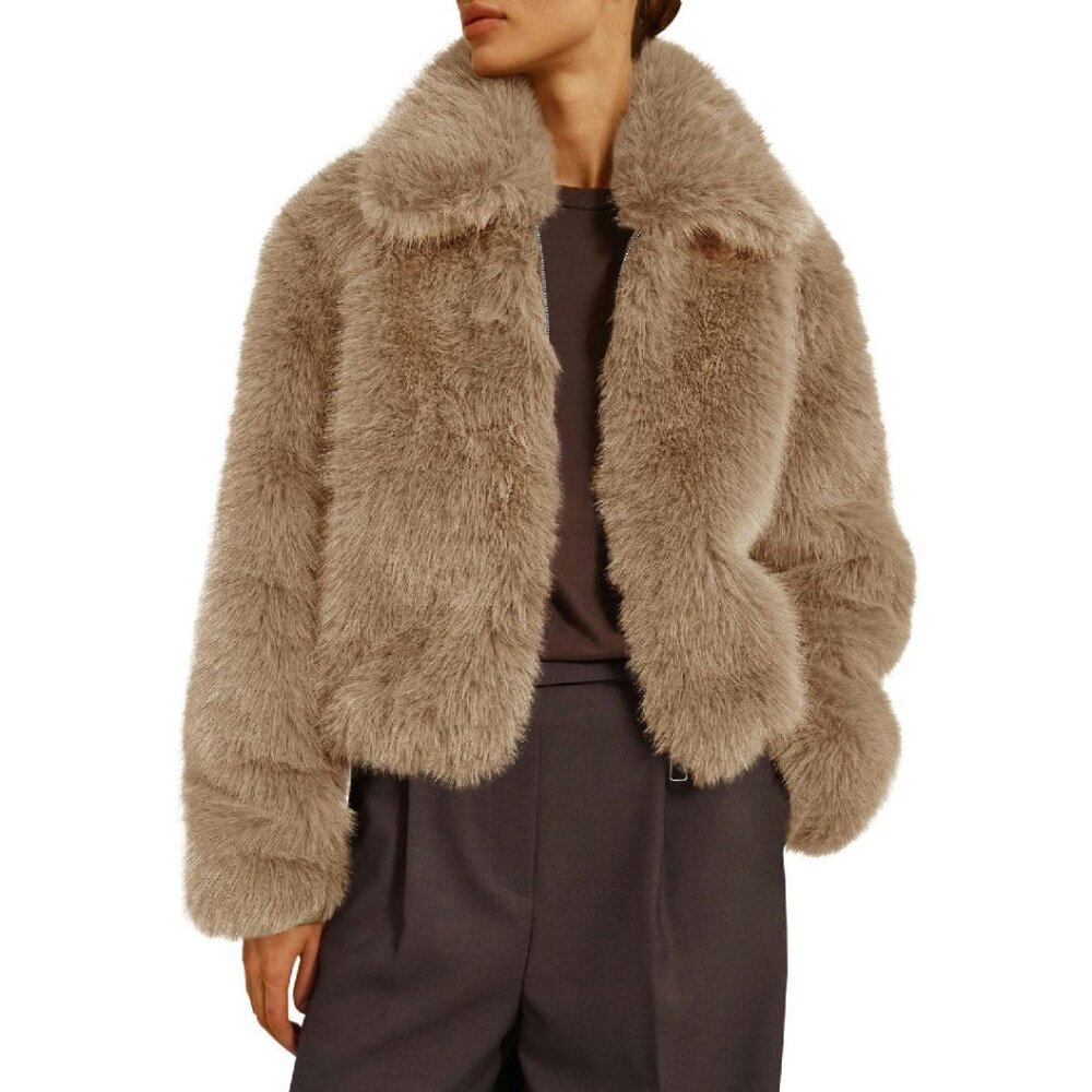 Cropped Faux Fur Jacket, Lapel Collar, Zip Front, Winter Outerwear
